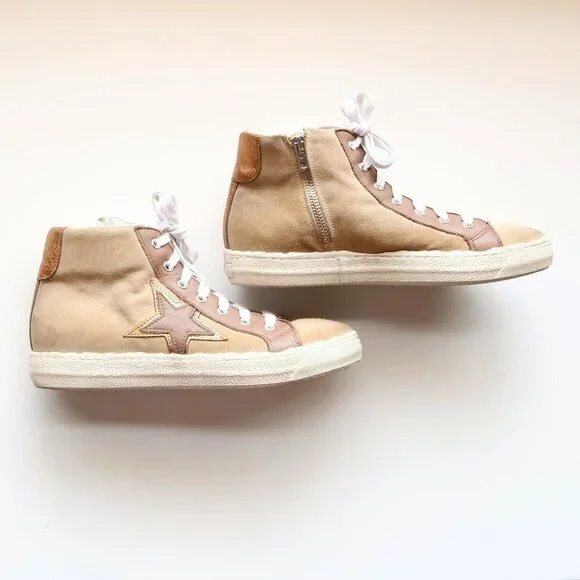 The Shoe Box Beige Suede & Brown Leather High Top Sneakers Lace-up w Star 8.5 - Picture 10 of 16